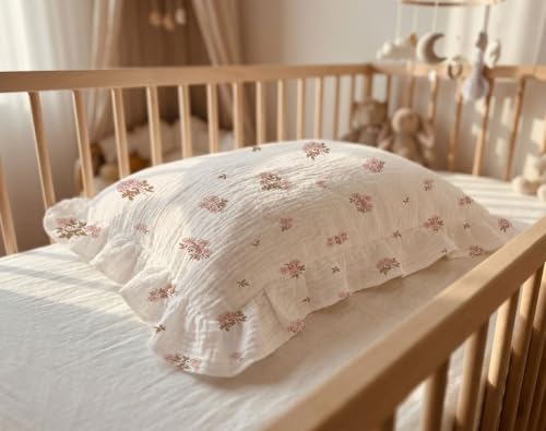 Image of Muslin Ruffled Toddler Pillowcases 13 inchx18 inch 2 Pack, Soft, Breathable Muslin Cotton Travel Pillow Covers with Envelope Closure for Baby Boys, Girls & Kids (Vintage Blossom-Ruffled, 13 x 18 Inch)