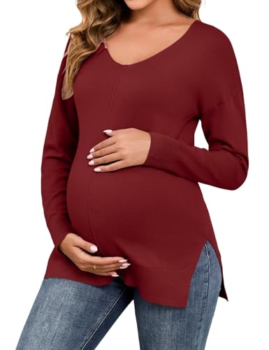 bidika 2025 Women's Maternity Fall Long Sleeve Lightweight Pullover Sweaters Casual Pregnant Tunic Knit Tops Blouse to Wear Leggings Burgundy Red M