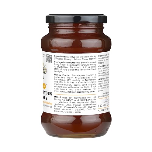 Image of INDIGENOUS HONEY Organic Eucalyptus Honey Raw Unfiltered 17.64 oz | Organic Raw Unfiltered Natural Bee Honey Glass Jar Pack of 1