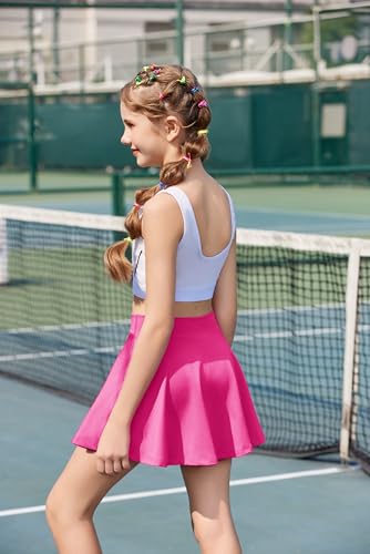Arshiner Rock Mädchen A-Linien Faltenrock Rosenrot Hohe Taille Hosenrock Kinder Sport Tennisrock Sommerrock mit Taschen 140/10-11 Jahre