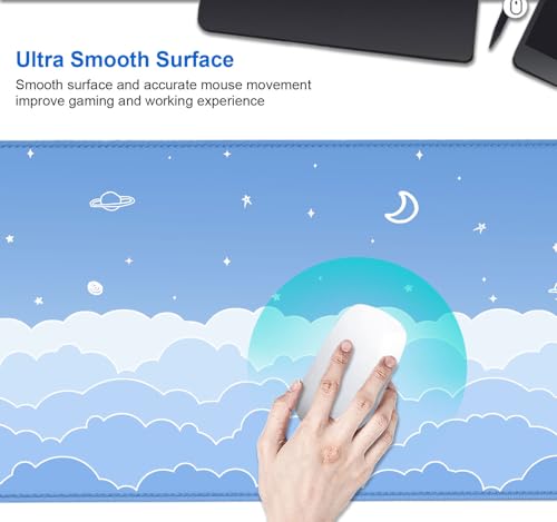 Image of IMAYONDIA Cute Pastel Blue Desk Mat, Aesthetic Stars Moon Desk Pad, Kawaii Anime Deskmat, Gradient White Clouds Computer Pad, Minimalist Large Gaming Mouse Pad Mousepad, 31.5 X 11.8 Inch