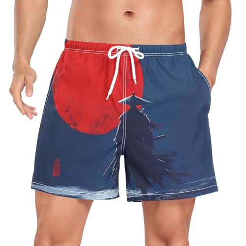 Samurai Moon Red Black Mens Swim Trunks with Liner, Cool Quick Dry Beach Swim Shorts, Swimwear Bathing Suits S