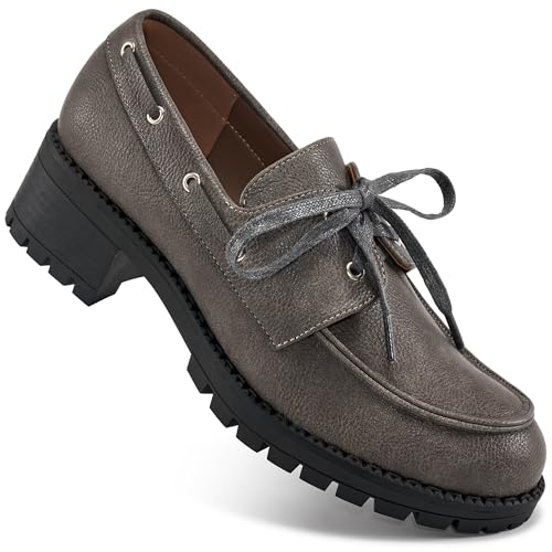 Image of Ablanczoom Platform Oxford Shoes for Women : Lace Up Women's Platform Chunky Loafers with Lug Sole Dress Shoes for Work Business Taupe
