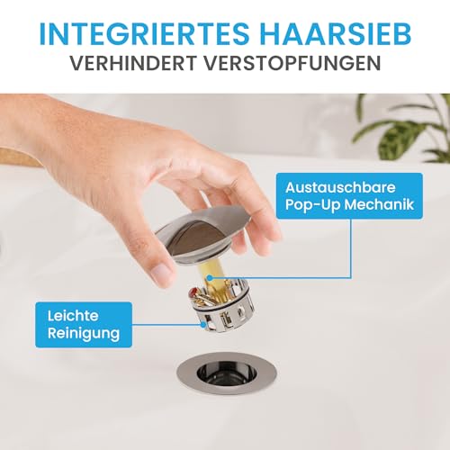 Bächlein Universal Ablaufgarnitur mit Überlauf (Chrom) - Pop Up Ventil für Waschbecken und Waschtisch – Ablaufventil Abflussgarnitur aus Messing mit Einbauanleitung