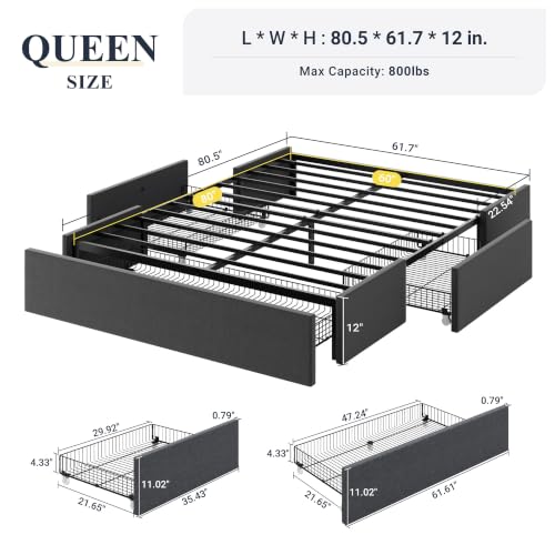 Image of Allewie Queen Size Platform Storage Bed Frame with 3 Drawers, Dark Grey | Fabric Upholstered, Metal Slats Support, No Box Spring Needed, Noise Free, Easy Assembly