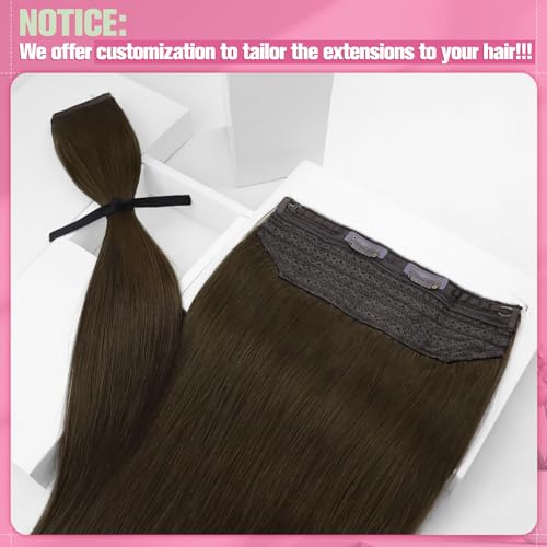 Image of YoungSee Wire Hair Extensions Real Human Hair Brown Wire Extensions Real Human Hair Brown Straight Human Hair Fish Line Extension Easy to Apply and Remove 18 Inch 80g