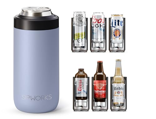 Sipworks Universal Can Cooler - Fits All - Insulated Slim Can Cooler for 12 oz Regular or Slim Cans & Bottles - Double-Walled Stainless Steel Skinny Can Cooler | Slate