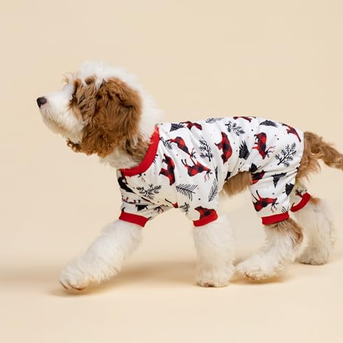 Image of Fitwarm Reindeer Dog Christmas Pajamas, Winter Doggy Clothes for Small Dogs Boy Girl, Fleece Dog Onesie with Feet, Holiday Pet Outfit, Black, White, Red, XXL