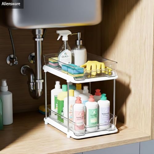 Image of Aliensware 2 Tier Cosmetics Drawer Organizer, Vanity Countertop Storage Container, Sink Organiser, Medicine Cabinets, Plastic Drawers for Lipsticks, Nail Polishes,Dressing Table,Perfume-Aliens-Clear,