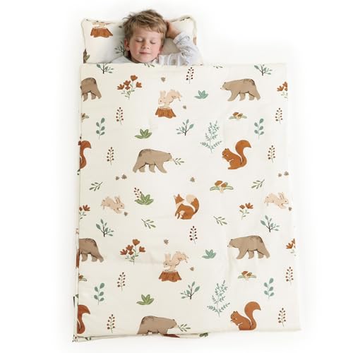 Image of PHF Soft Toddler Nap Mat with Removable Pillow, Rollup Design Kids Sleeping Mat, Slumber Bags for Boys Girls, 50 inchx20 inch Toddler Sleeping Bag for Daycare Preschool Travel Camping, Woodland