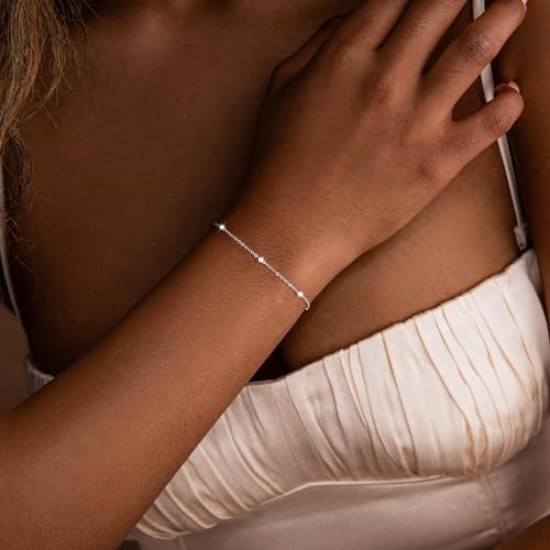 925 Sterling Silver Bracelet for Women - Dainty 6.5/7 Inch 3mm Bead Link Chain Bracelets Trendy 16K Gold Plated Adjustable Satellite Chain Waterproof Non Tarnish Jewelry Gift2