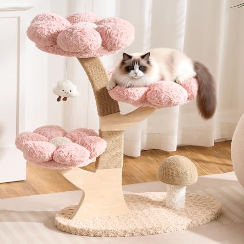 Kicari Aesthetic Flower Cat Tree Tower with Scratching Post for Indoor Cats 37 H Modern Cat Tree with Wood Sculpted Branch Flower Cat Beds Mushroom Scratcher & Interactive Squeaky Toy Pink
