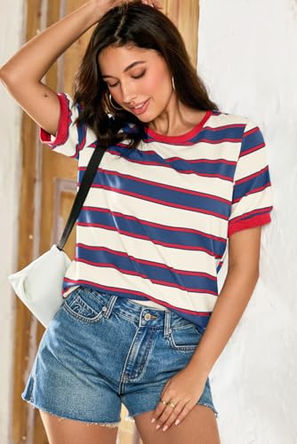 Dokotoo Womens Summer Tops 2025 Striped Color Block Short Sleeve T-Shirts Crewneck Casual Loose Basic Tee Blouses4