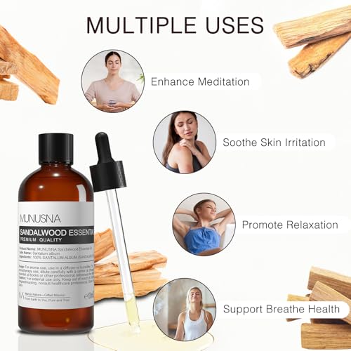 Image of Sandalwood Essential Oil for Skin, Hair, Body Care, Diffuser, 100ML | Pure and Natural, Sandalwood Oil for Massage, Home Aromatherapy, Sleep Relaxation, Yoga, Soap Candle Making, 3.38 Fl Oz