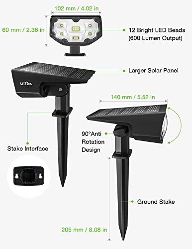 LITOM 12 LEDs Solar Landscape Spotlights, IP67 Waterproof Solar Powered Wall Lights 2-in-1 Wireless Outdoor Solar Landscaping Lights for Yard Garden Driveway Porch Walkway Pool Patio 2 Pack Cold White