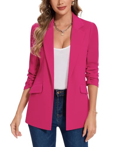 MINTLIMIT Ladies Notched Lapel Open Front Blazer 3/4 Ruched Sleeve Jacket Suit Oversized (Hot Pink XL)