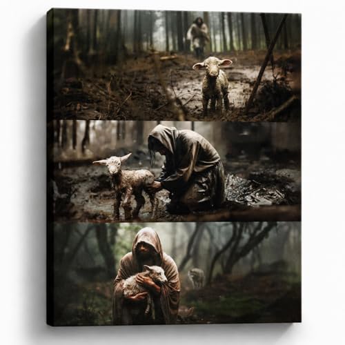 Jesus and Lamb Canvas Wall Art, Shepherd Rescue, Christian Decor, 8 x 10
