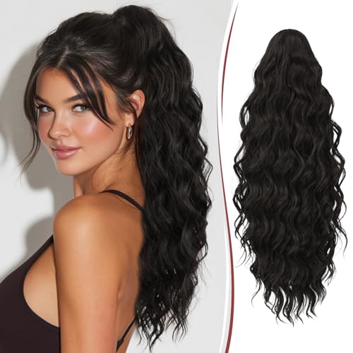 RUWISS Coleta Postiza Pelo Natural con Pinza, Cola Postiza Rizado Ondulado 50 cm Larga Sintética Cola Caballo Extension Coleta Postizas Afro para Mujeres, Negro Marrón
