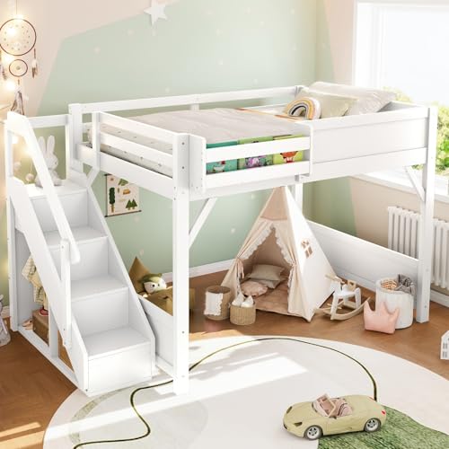 Image of KEIKI Solid Wood Full Size Loft Bed Frame with Stairs, Built-in Wardrobe and Storage Space, Full Loft Bed with Shelves, Full-Length Guardrails, No Box Spring Needed for Bedroom, Light White