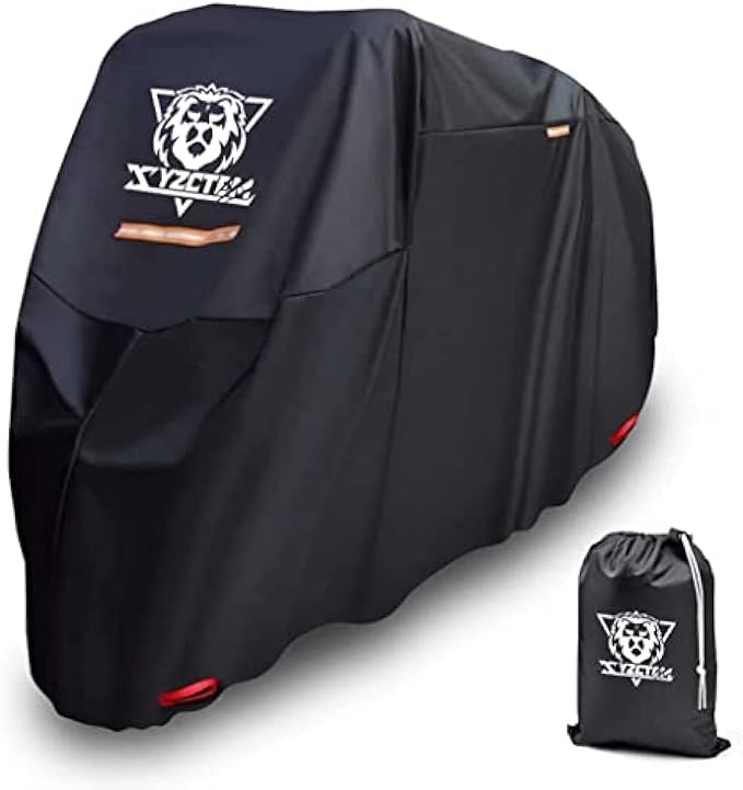XYZCTEM Motorcycle Cover -Waterproof Outdoor Storage Bag,Made of Heavy Duty Material, Fits up to 116" Harley Davison and All Motors(Black& Lockholes& Professional Windproof Strap) (XXXL)