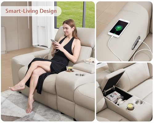 Image of AMERLIFE Power Recliner Sectional Sofa with Storage /USB Port, Leather Recliner Sofa with Adjustable Headrest, Reclining Sectional Couches with Console and Cup Holder for Living Room (Beige Brown)