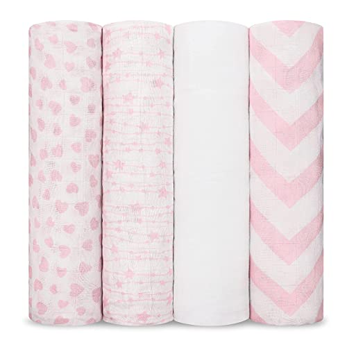 Comfy Cubs Muslin Swaddle Blankets Pack of 4, 47 x 47 Inches, Soft Cotton Baby Blanket Set, Large Multipurpose Swaddling Wraps for Newborns - Self-Soothing Swaddle - Pink by Comfy Cubs - Used condition - US$19.50