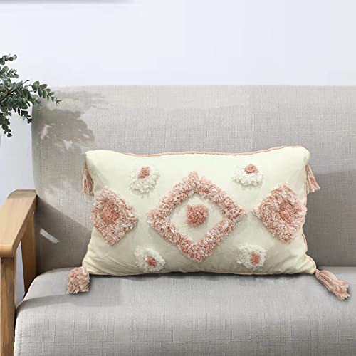 Image of Velosso Tufted Boho Tassels Cushion Cover Soft Textured Geometric Decorative Throw Cushions Accent Pillows (Filled Boudoir, Oslo Pink)