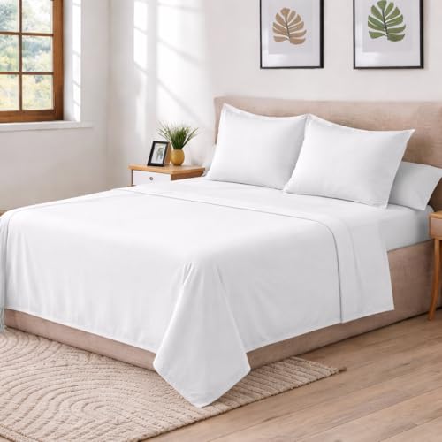 DECASATEXTIL – Juego de sábanas Cama- 4 Piezas – Diferenctes diseños - 48% Algodón, 144Hilos - Blanco Calidad de Hotel – Sabana Bajera, encimera y Funda Almohada - Cama 160cm - Blanco