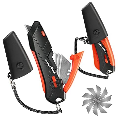 ValueMax 2-Pack Box Cutter Knife, Self-Retracting 3-Position Locking Blade, Safety Sheath, Lanyard, Extra Blades Included Cover
