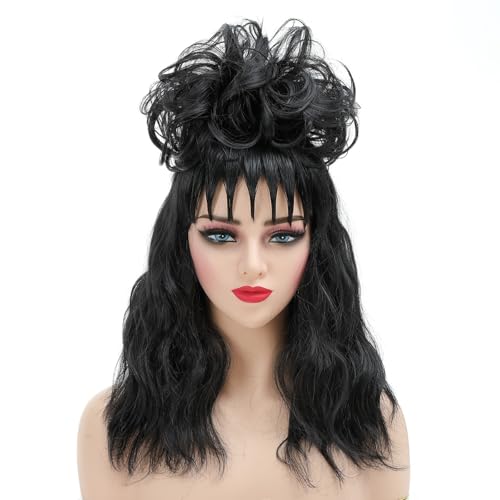 FYXZHUO Gothic Bride Black Long Wavy Wig With Bangs And Detachable Bun Medium Lace Choker for Women Halloween Cosplay Costume Party Wigs