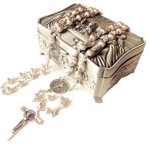 elegantmedical handmade sterling 925 silver beads mens womens rosary St.Benedict crucifix cross gift necklace box case
