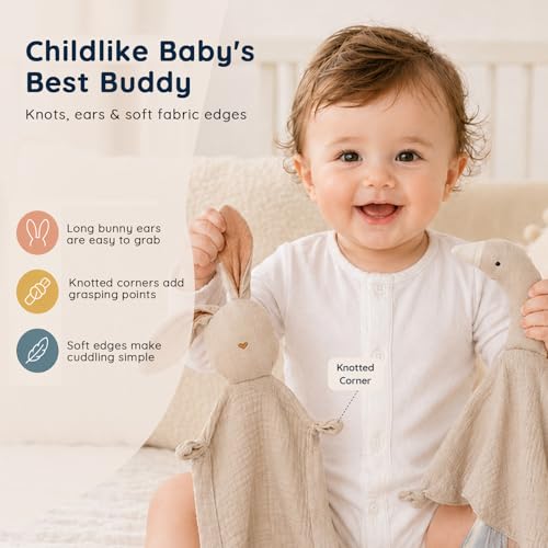 Image of 2-Pack Bunny & Goose Baby Lovey Security Blankets, Soft, Breathable Cotton Muslin, Unisex for Newborns & Infants (Khaki Set)