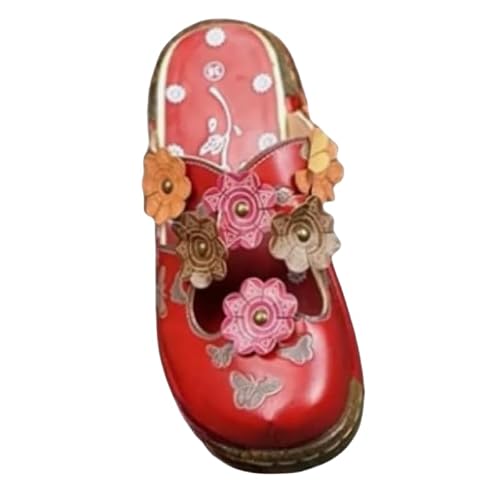 Hhhchpm Women's Tribal Flower Platform Mules - Closed Toe Wedge Slides Sandals Fashion Style (Red,8.5)