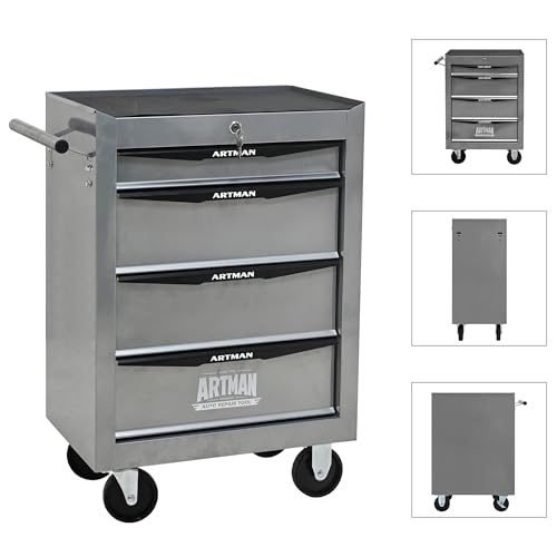 Montary 4-Drawer Multifunctional Stainless Steel Rolling Tool Cart with Wheels, Heavy-Duty Metal Storage Cabinet and Tool Box with Lockable Drawers for Garage, Workshop & Warehouse - Silver