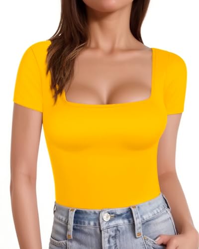 MANGOPOP Square Neck T Shirt Womens Short Sleeve Tops Summer Tees(Yellow, X-Large)