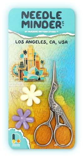 Image of Awesome Pattern Studio Needle Minder Set - Los Angeles Magnetic Needle Minder + 2 Needle Threaders + Crane Scissors. Enamel Pin for Cross Stitch, Embroidery and Craft