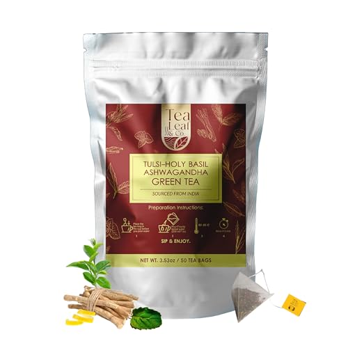 Image of Tulsi Ashwagandha Green Tea Bags (50 Count), Green Tea with Tulsi, Ashwagandha, Lemongrass and Black Pepper, Caffeinated, Real and Natural Green Tea, Blended with Fresh Herbs and Spices, Gluten Free