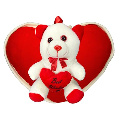 Image of DIKANG Red Teddy Bear with Heart Pillow for Valentine's Day Gift | Valentine Gift for Boyfriend /Girlfriend /Husband /Wife (25 CM, Off White & RED)