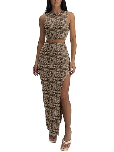 Image of ELLEVEN Two Piece Maxi Skirt Sets Summer 2 Piece Dress Outfits Sexy High Slit Long Skirt and Sleeveless Crop Top for Women Going Out Bodycon Leopard Print Large
