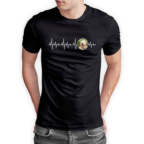 T-Shirt personalisiert „Bild & Herzschlaglinie“ – Tiermotiv Shirt mit eigenem Foto Bedrucken - für Damen & Herren - Geschenk für Hundebesitzer, Hundeliebhaber, Katzenfans - Schwarz, Gr. XXL