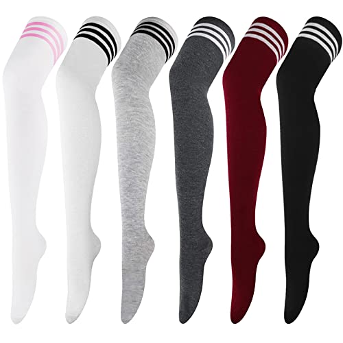 Image of AQOKKA Extra Long Thigh High Socks for Women Striped Over Knee Thigh Socks Long Boot Thigh High Stockings Leg Warmers