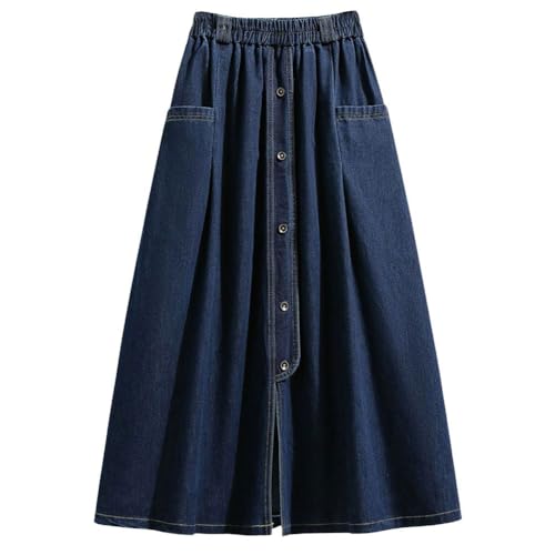 chouyatou Women's Retro Button Elastic Waist Denim Skirt A-Line Pleated Midi Long Jean Skirt with Pockets