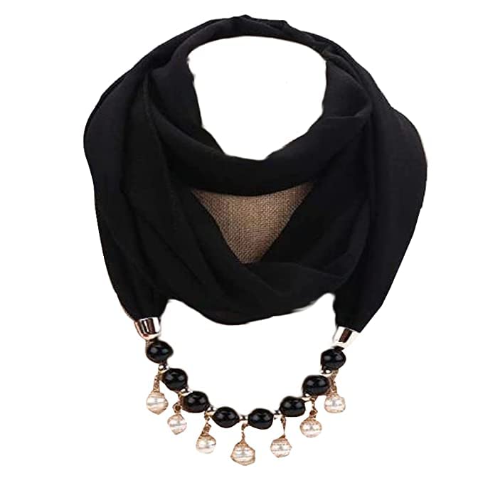 Plain Design Necklace Scarf For Women Fashion Pearl Necklace Wrapped Chiffon Scarf (Black)-image-11
