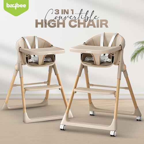Image of Baybee 3-in-1 Premium Convertible High Chair for Kids, Babies & Toddlers | Foldable Baby Feeding Chair with 5-Point Safety Harness, Adjustable & Removable Tray, Easy-to-Clean Design | Portable Dining Chair (Beige)