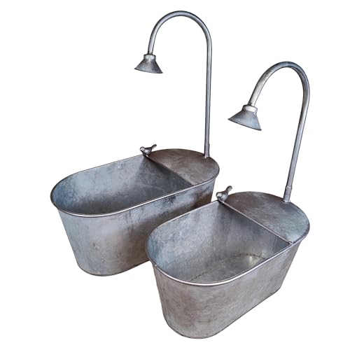 colourliving Zinkwanne Set Verzinkt Badewannen-Optik 2 Pflanzwannen mit Dusch-Deko und Dekovogel Pflanzwanne Metall für Garten Terrasse Balkon Vintage Landhaus Deko Silber