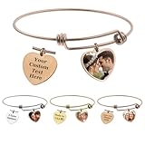 Personalized Picture Bracelet Custom Photo Bangle Text Name Engraved Chain Bracelet Charm 14K Rose Gold Silver Tone Mother's Day Anniversary Birthday Graduation Christmas Gift (HD UV Color Heart Charm)