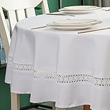 EHouseHome Heavy Duty Fabric Tablecloth with White Lace-Waterproof/Wrinkle Free/Stain Resistant/Oil Proof-for Dining,Indoor&Outdoor,Wedding,Holiday,White,Round 70Inch