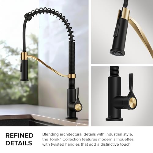 KRAUS Torak Pull Down Kitchen Faucet in Spot-Free Brushed Brass/Matte Black with Commercial Style Spring Spout, 2 Function Sprayer, Pre-Attached Water Lines, and Mounting Hardware, KPF-2635SFBBMB - image 9