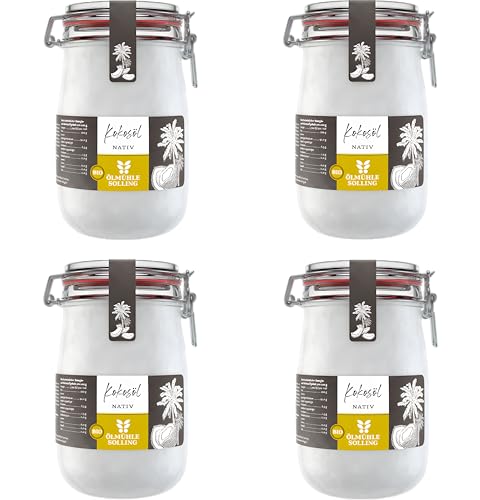 ÖLMÜHLE SOLLING - BIO Kokosöl | 100% natives Bio-Kokosnussöl | Ideal geeignet zum Braten, Backen und Frittieren, als Haut-& Haarpflege sowie für Hunde und Katzen | Inhalt: 4 x1 L im Bügel-Glas