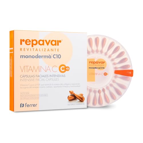 Repavar Revitalizante - Cápsulas Faciales Intensivas Monoderma - Elaboradas con Vitamina C - Tratamiento Antimanchas y Antienvejecimiento - 28 Cápsulas Monodosis